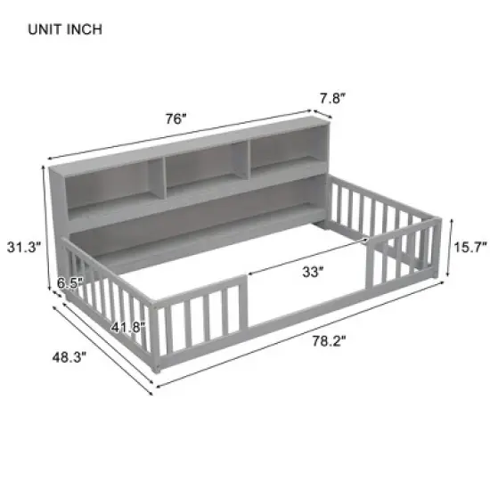 Okak Twin/Full Size Bed Frame with Bedside Bookcase & Guardrails,Storage Floor Bed for Toddlers/Kids Bedroom image {2}