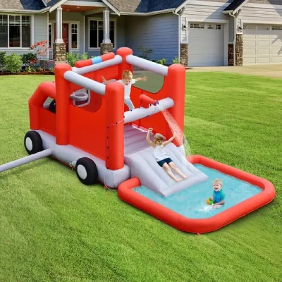 Costway Fire Truck Themed Inflatable Castle Water Park Kids Bounce House Blower Excluded image {1}
