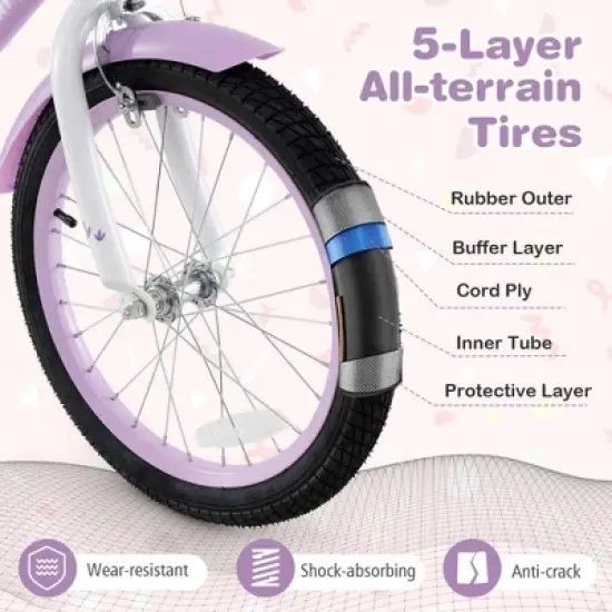 Costway Girl Bike with Basket Detachable Training Wheels Adjustable Seat Handbrake Coaster Brake Purple image {7}
