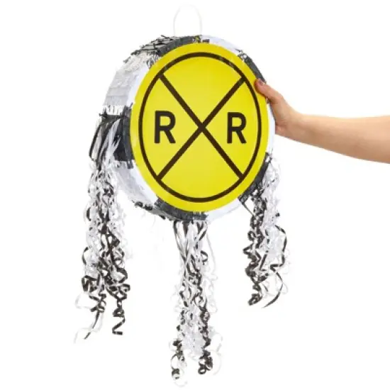 Blue Panda Small Pull String Pinata for Train Birthday Party Decorations, Railroad Crossing Sign, 13 x 13 x 3 In image {3}