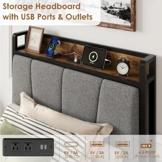 Garvee Upholstered Bed Frame with 2 Storage Drawers, Power Outlet, Queen Bed Platform with Storage Headboard, Noise Free, No Box Spring Needed image {2}