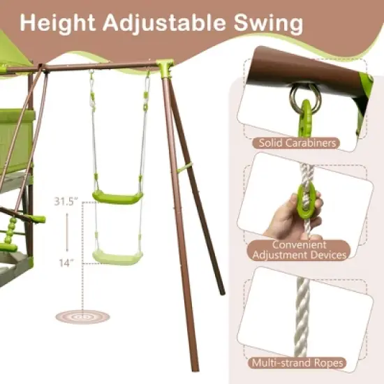 Costway 7-in-1 Swing Set with Covered Fort Height Adjustable Swing Climbing Rope Sandbox image {3}