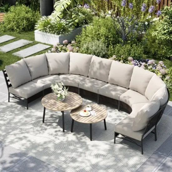 Captiva Designs Outdoor Half-Moon Sectional Patio Conversation Sets with 2 Round Table for Garden, Poolside, Balcony, Backyard image {11}