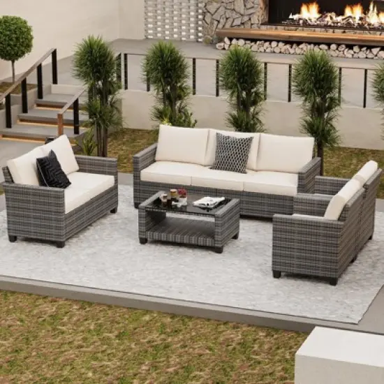 5-Piece Outdoor Patio Furniture Set with 7-Seating Capacity - All-Weather Wicker Sectional Sofa with Tempered Glass Coffee Table & Premium Cushions - image {2}