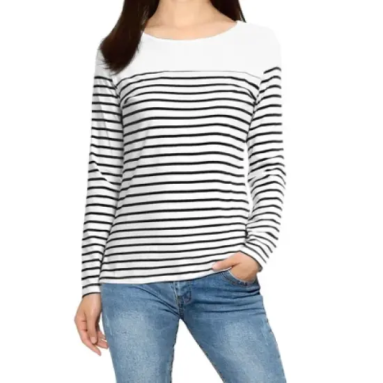 Allegra K Women's Color Block Long Sleeve Striped T-Shirt image {3}