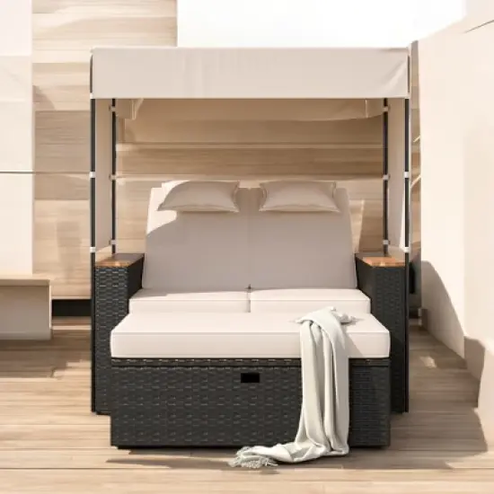 2-Piece Outdoor Rattan Daybed with 5 Positions, Canopy, Bench, and Cushions for Poolside, Backyard & Garden image {12}