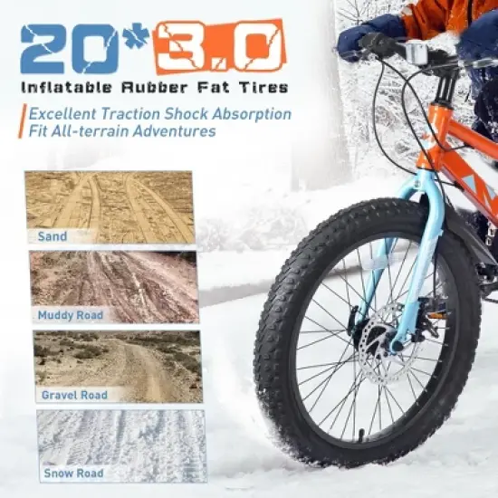 NAYSAYE Bicycle 20 Inch Fat Tire Mountain Bike 7 Speed for Adults Ideal for Beach and Snow, Orange, 55.12"22.83"32.68" image {3}