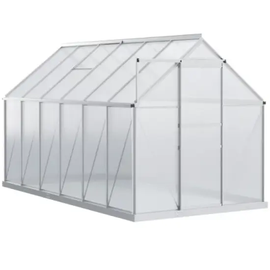 Outsunny Aluminum Greenhouse, Polycarbonate Walk-in Garden Greenhouse Kit with Adjustable Roof Vent, Rain Gutter and Sliding Door for Winter, Silver image {3}
