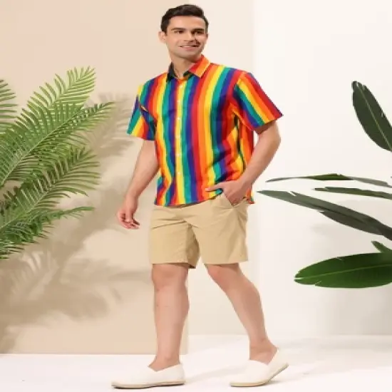 Lars Amadeus Men's Summer Rainbow Stripe Print Short Sleeve Button Down Shirts image {3}
