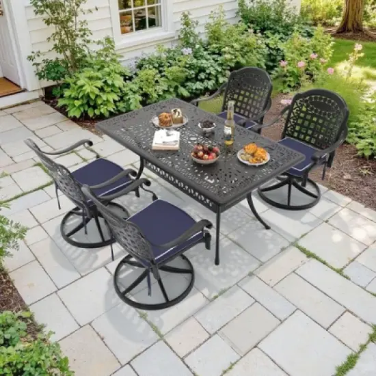 5-Piece Outdoor Dining Set, Cast Aluminum Rectangle Table with Swivel Chairs, Blue Cushions, Umbrella Hole image {12}