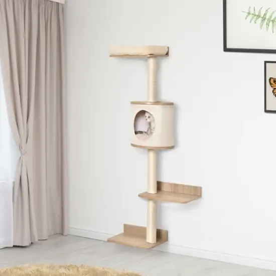 PawHut 4-Level Wall-Mounted Cat Tree Activity Tower, Wall Cat Shelves with Sisal Rope Scratching Posts, Cat Condo and Bed, Light Brown image {1}