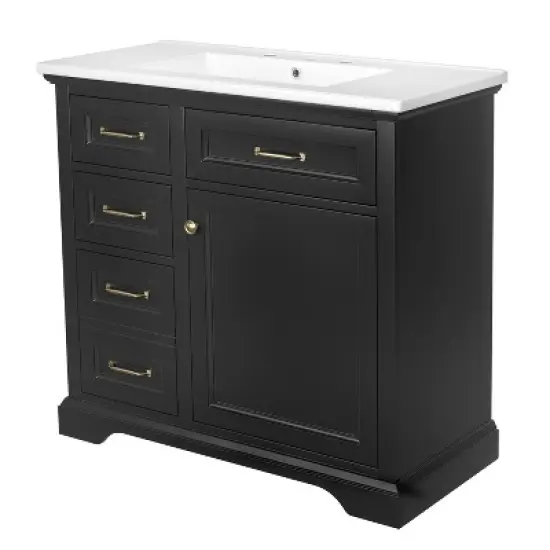 Whisen 36" Bathroom Vanity with Ceramic Sink Top, 4 Drawers & Soft-Close Door, Freestanding Cabinet with Metal Handles, 8" Faucet Holes image {7}