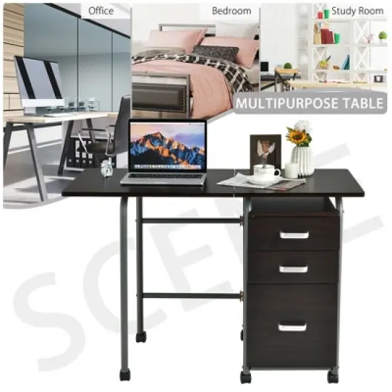 Costway Folding Computer Laptop Desk Wheeled Home Office Furniture w/3 Drawers Brown/Natural image {4}