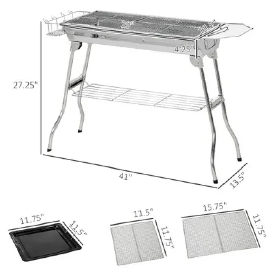 Kumasinova Stainless Steel Charcoal BBQ Grill,Portable Outdoor Hibachi with Shelves&Hooks,Foldable Grills with Handles for Camping&Picnic image {2}