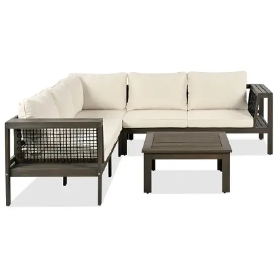 FIONECA 4-Piece Outdoor Acacia Wood Sofa Set, L-Shaped Patio Sectional with Coffee Table, Woven Armrests, Beige Cushions image {8}