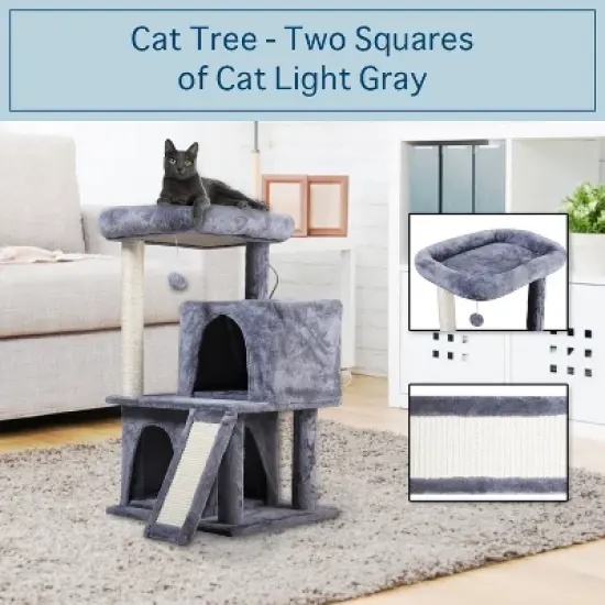 Sevobal Pet Tower Double layer cat Tree with cat house and ladder light, Modern Cat Furniture, Gray, 19.70"*17.70"*34.00" image {1}