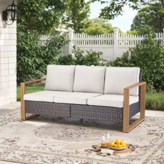 POCASSY 74.8" Outdoor 3-Seater Sofa with Meatl Armrest, Outdoor Furniture Sofa with Faux Wood Square Armrest and High Back for Porch Deck image {1}