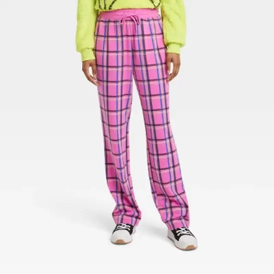 Women's Plaid Fleece Wide Leg Graphic Pants - Pink image {4}