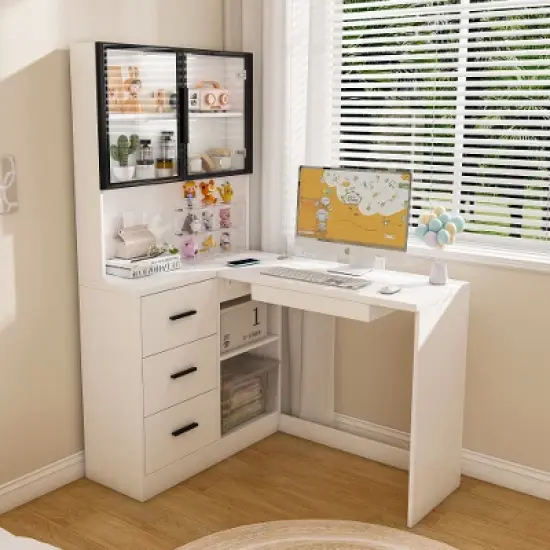 Lyngins L-Shaped Computer Desk with LED Lighting, 2 USB Ports, Glass Cabinets + Hidden Storage (Keyboard Shelf/3 Drawers), Office Desk/Gaming Desk image {7}