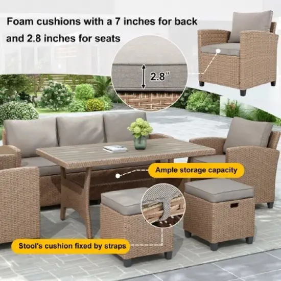 Mshliw 6-Piece Outdoor Rattan Wicker Patio Set - Sofa, Chairs, Stools, and Table, Weather-Resistant, Cushions Included image {12}