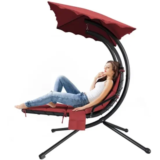 Chaise Lounger Swing Chair with Umbrella Canopy, Patio Hanging Chaise Lounger Chair with Stand, Curved Steel Outdoor Lounge image {10}