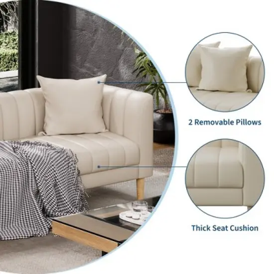 Faux Leather Sofa Couch, Modern 78" W Sofa with Deep Seats, 3 Seater Sofa Couch with 2 Throw Pillows and Wood Legs image {4}