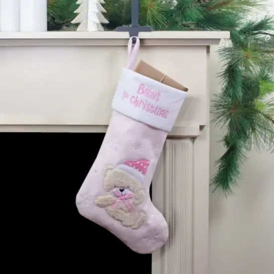 Northlight Baby's 1st Christmas Embroidered Teddy Bear Stocking - 19" - Pink and White image {1}