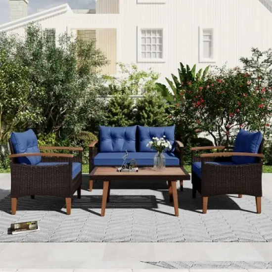 FIONECA 4-Piece Patio Furniture Set, PE Rattan Outdoor Sofa with Cushions & Wood Table, Garden Conversation Set, Brown & Blue image {14}