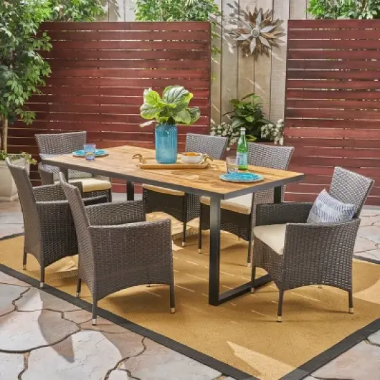 Christopher Knight Home Hartland Outdoor Acacia Wood and Wicker 7 Piece Dining Set with Cushion, Teak/Multibrown image {10}