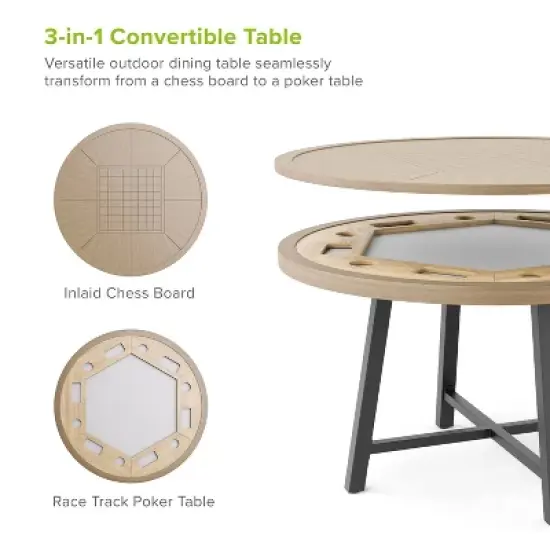 Greemotion 50.5" Lyon 3-in-1 Round Outdoor Convertible Dining Table: UV-Protected, Chess Board, Gray Frame image {2}