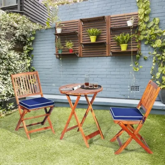 Tangkula 3PCS Folding Patio Conversation Set Acacia Wood Bistro Set w/ Cushions image {4}