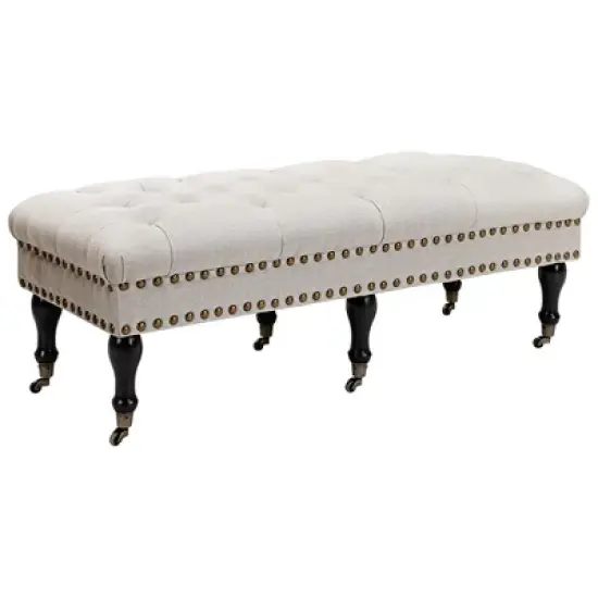 HOMCOM Mobile Upholstered Bench Rolling Button-Tufted Fabric Accent Ottoman with Nailhead Trim & Wheels image {7}