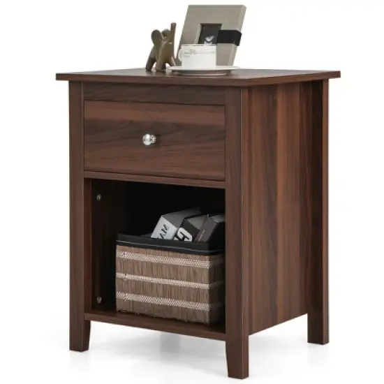 Costway Nightstand Bedside Table with Drawer & Open Shelf for Living Room Bedroom Walnut/Brown image {9}
