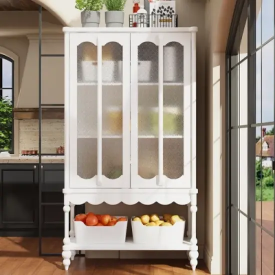 FUFU&GAGA Elegant White, Textured - Glass - Doored Pantry Cabinet with Scalloped Base & Rounded Legs for Kitchen, Dining & Living Spaces image {13}