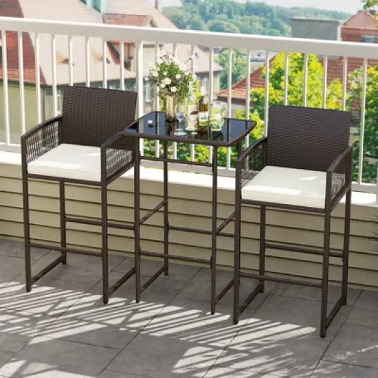 Costway 3 PCS Patio Bar Set Wicker Table & Armchairs with  2 Cushions & Glass Tabletop image {3}