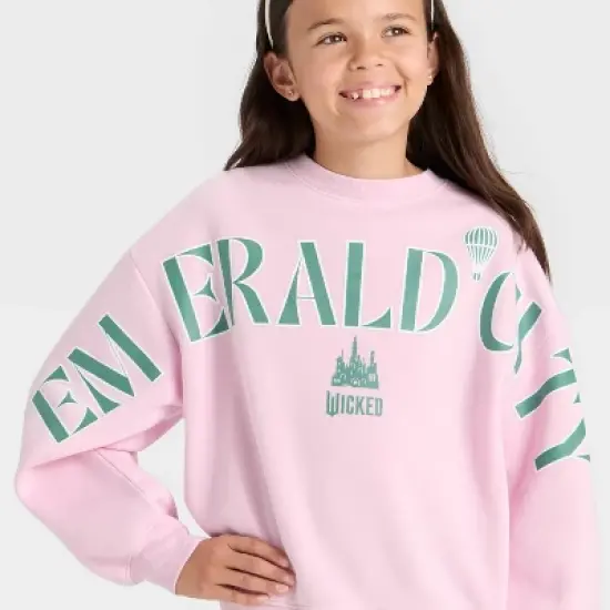 Girls' Wicked Emerald City Fleece Crewneck Graphic Sweatshirt - Light Pink image {1}