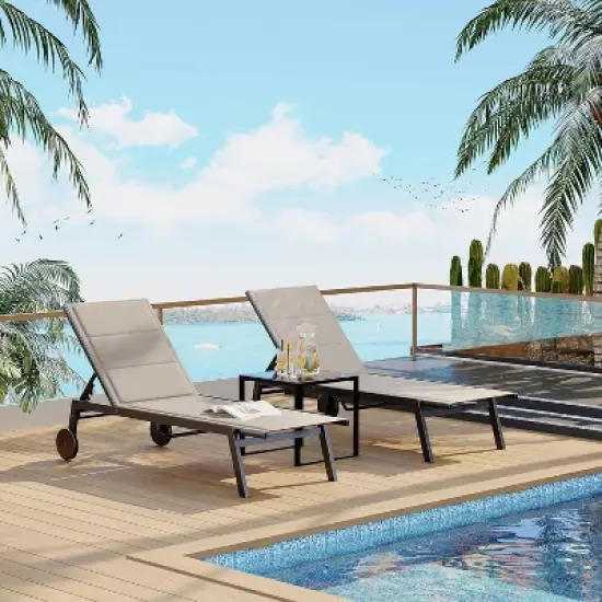 3 Piece Outdoor Chaise Lounge Chair Set, Patio Pool Chairs with Backrest, Wheels, Outdoor Furniture with Side Table for Deck, Garden, Beach image {9}