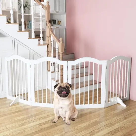 KWPZQEB Wooden Freestanding Foldable Pet Gate, 27.6" 4 Panels Step Over Fence with 2 pcs Support Feet Ideal for Stairs, Doorways, Kitchens, White image {2}