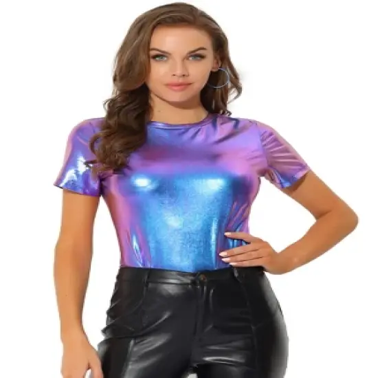 Allegra K Women's Party Metallic Textured Short Sleeve Shiny T-shirts image {14}