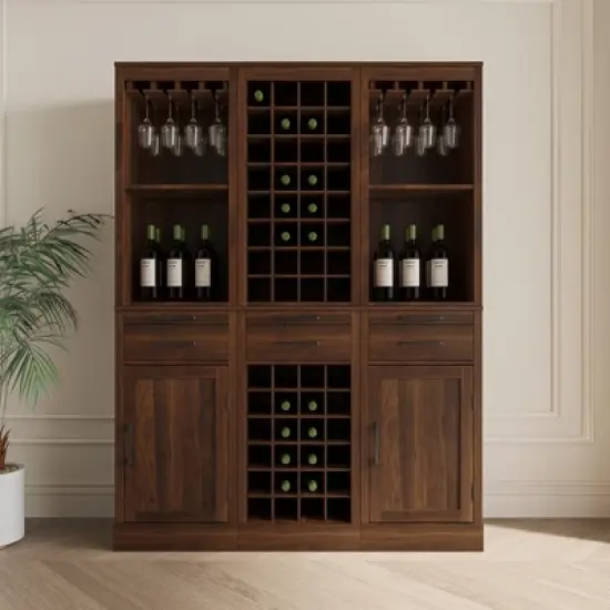 Gulches Brown Walnut Modular Wine Bar Cabinet with Hutch Buffet Cabinet for Dining Room, Single Drawer and Versatile Storage image {8}