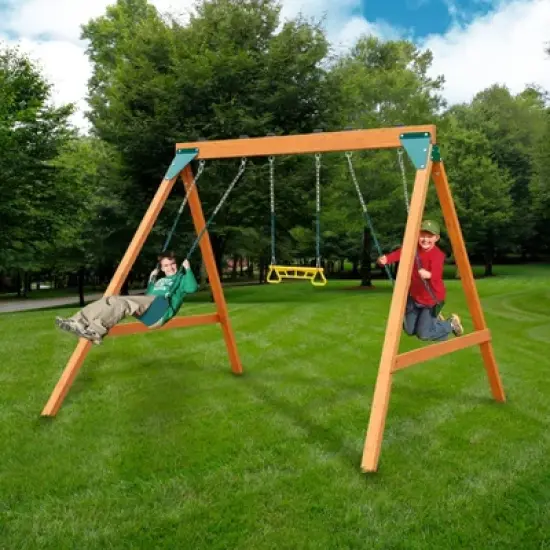 Gorilla Playsets 3-Position Wooden Swing Set with 2 Swing Belts and Trapeze Bar image {1}