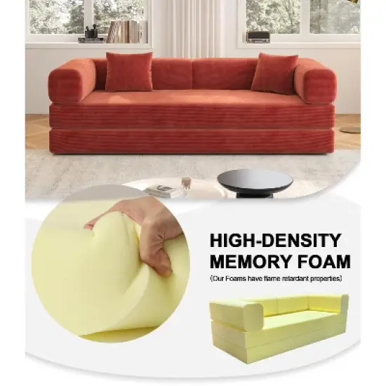 Dolonm 78.8 "Foldable Combination Sofa,Compression Boneless Sofa,Floor Sofa Mattress,Corduroy Fabric,Suitable for Living Room and Bedroom, Orange image {3}