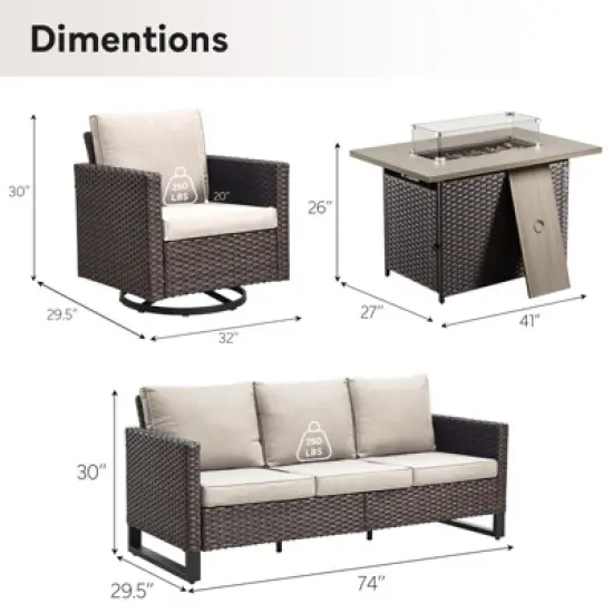 4 Pieces Patio Furniture Set with Fire Pit Table, Outdoor Furniture Set with Rocking Swivel Chairs, Wicker Patio Set with 4'' Thickened Cushion image {2}