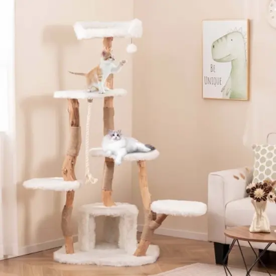Costway 66" Tall Solid Wood Cat Tree with Perch Condo Jute Scratching Posts Sisal Rope image {1}