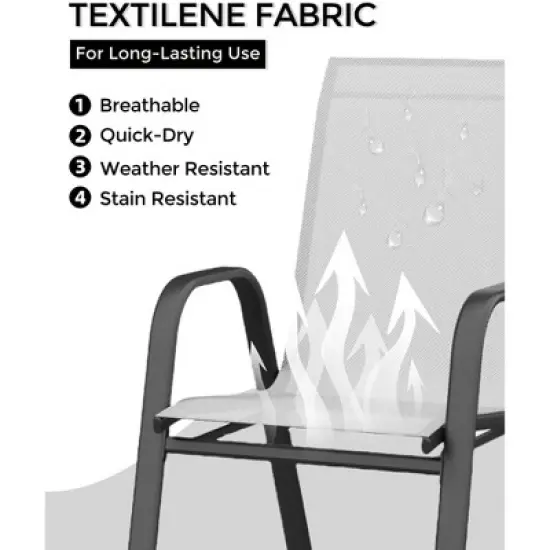 4 Set of Patio Stackable Chairs, Outdoor Stacking Dining Chairs, Leisure Recliner for Pools, Deck, Backyard, Grey Textile Metal Frame with armrests image {3}