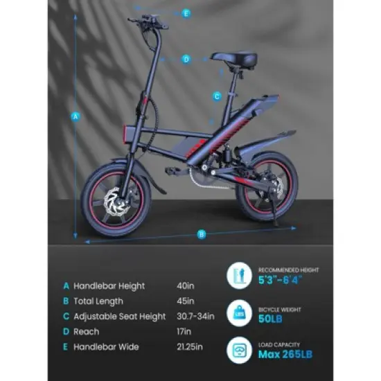 MASTGOAL 14" 450W Folding Electric Bike for Adults Teens, 18.6MPH 36V/10AH, Commuter Cruiser City Ebike image {6}