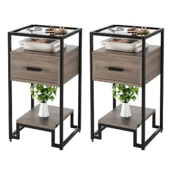 GustoWave 2PCS Nightstands with Storage Drawer, 3-Tier Shelving, Tempered Glass Top for Bedroom, Dorm - Black and Rustic Brown image {7}