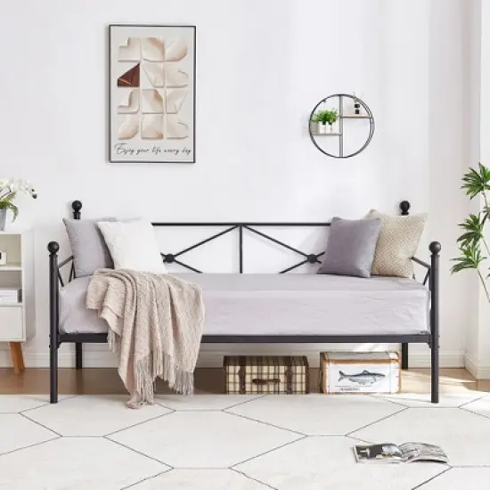 VECELO Metal Daybed with Headboard Heavy-duty Slats Support Sofa Bed Platform Mattress Foundation, Easy Assembly image {2}