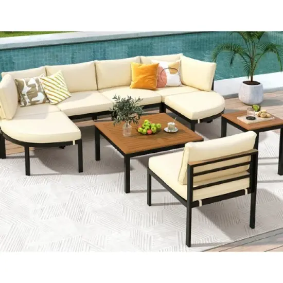 Outdoor Patio Sectional Sofa Set, Metal Outdoor Conversation Sofa Set with Coffee Table, Sofa with Iron Frame and Foam Cushions-Coolbibila image {2}