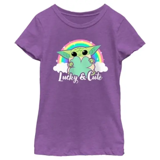 Girl's Star Wars: The Mandalorian Grogu St. Patrick's Day Rainbow Lucky and Cute T-Shirt image {3}